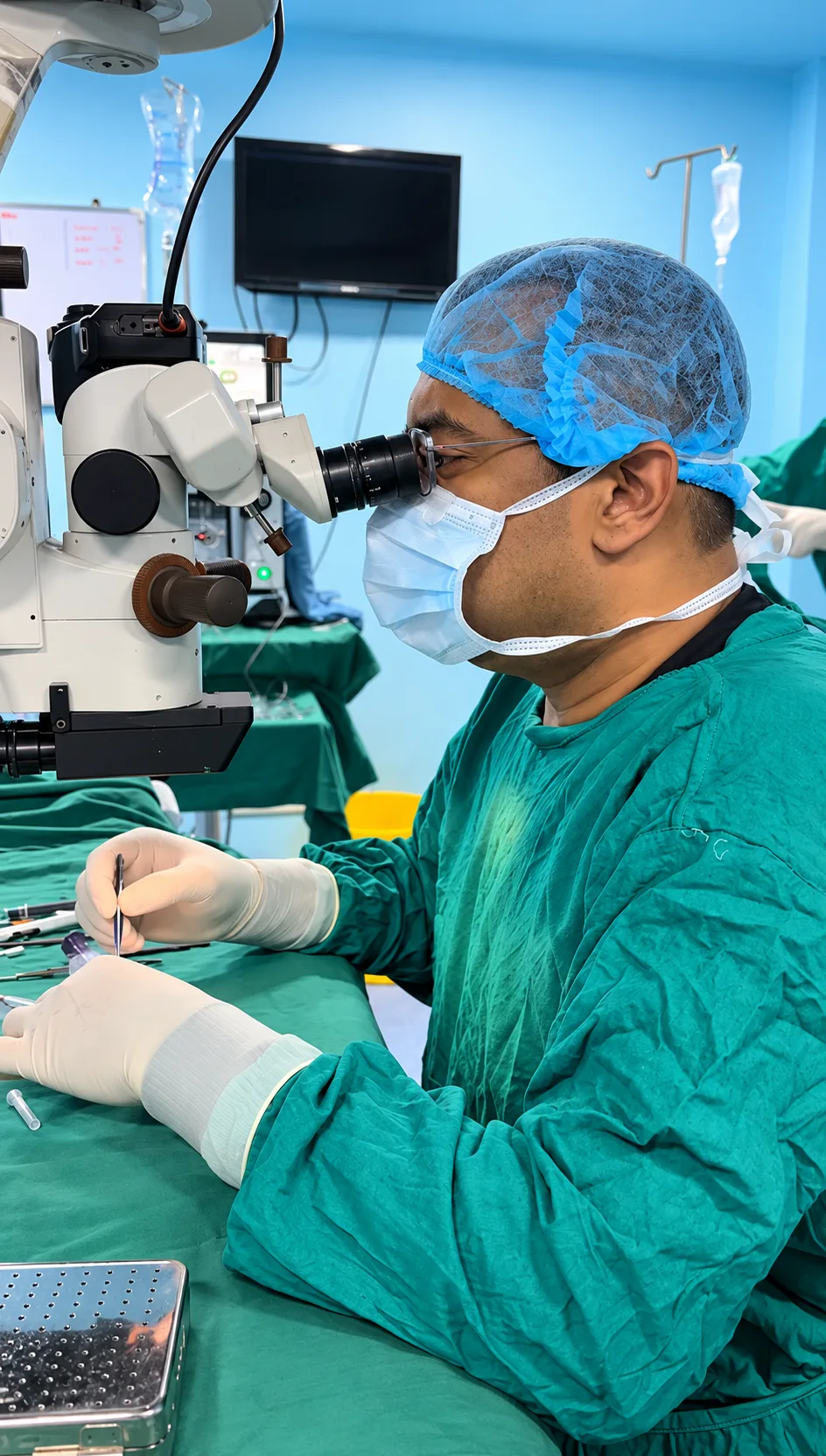 Masked ophthalmic surgeon working at an operating microscope