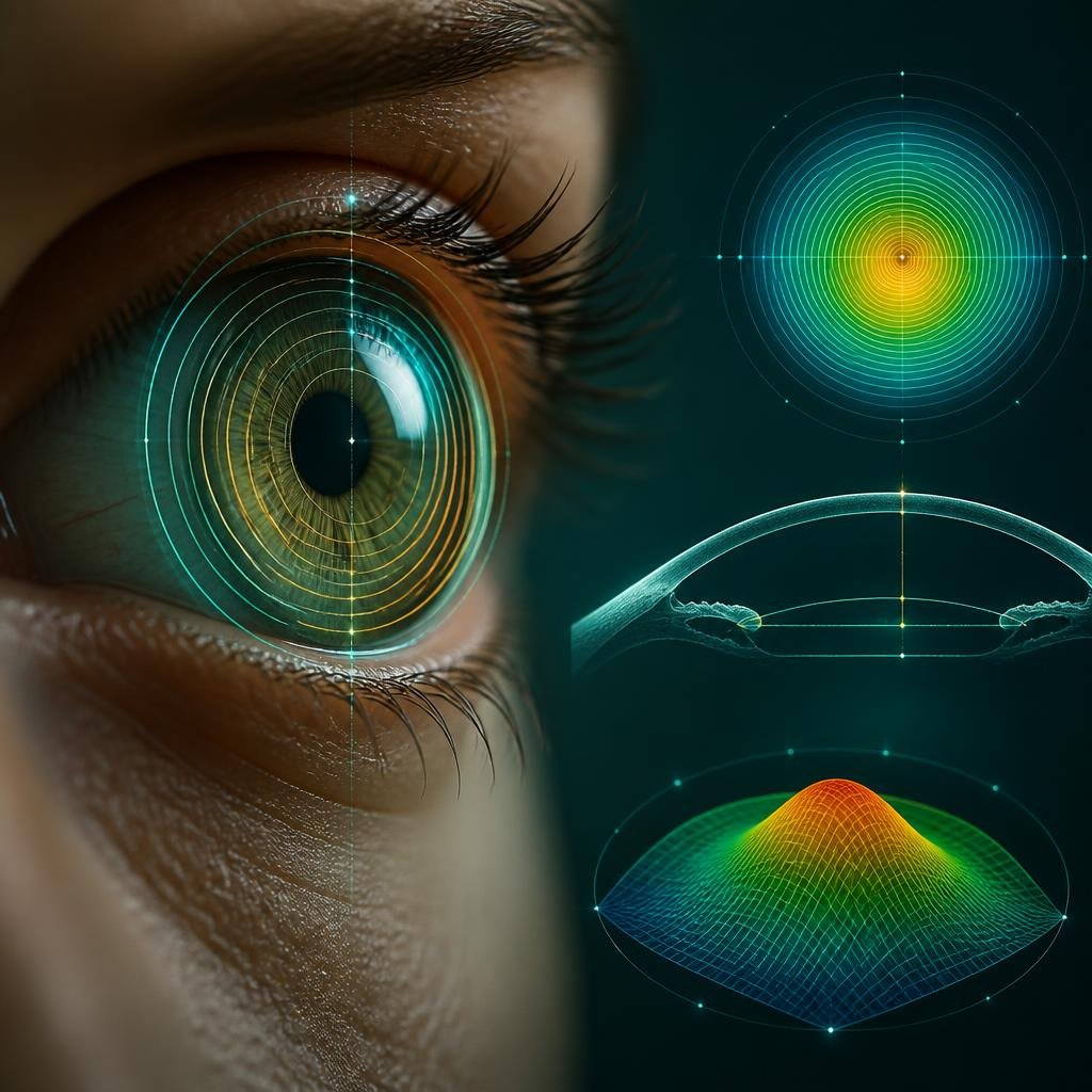 Corneal topography map showing irregular curvature pattern